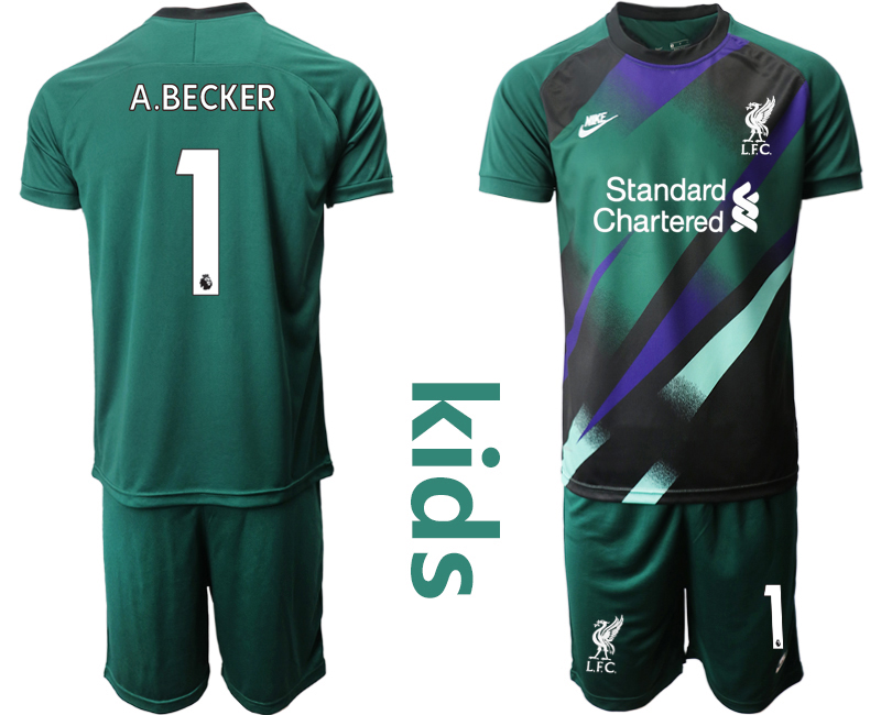 Youth 2020-2021 club Liverpool green goalkeeper #1 Soccer Jerseys